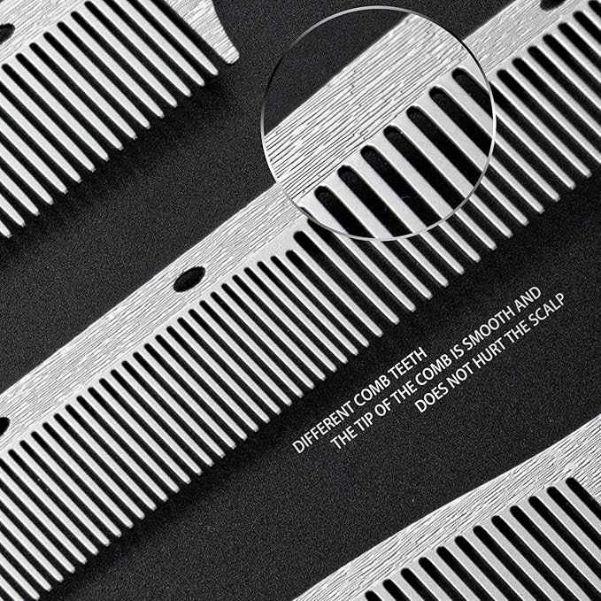 2 Pcs Stainless Steel Comb Set Metal Barber Combs for Hair Stylist, High Texture, Wood Grain Design barber combs professional Metal Fine Comb