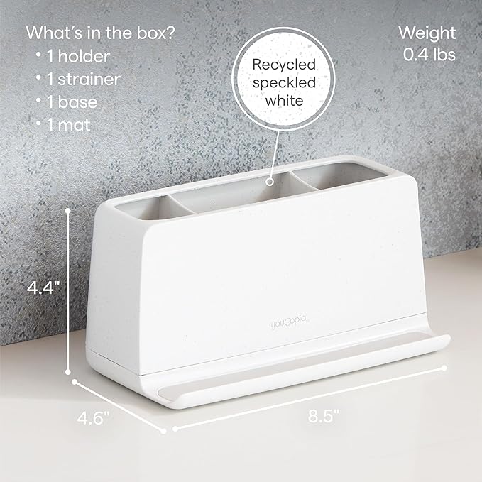 YouCopia The Ledge Toothbrush Holder, 3-Slot, Bathroom Vanity Counter Organizer with Cord Slots, Removable Base and Storage for Phones, Toothpaste and Accessories