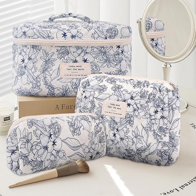 3Pcs Cotton Quilted Makeup Bag Large Travel Cosmetic Bag Coquette Makeup Pouch Cute Aesthetic Floral Toiletry Bag for Women Girls (flower-D)