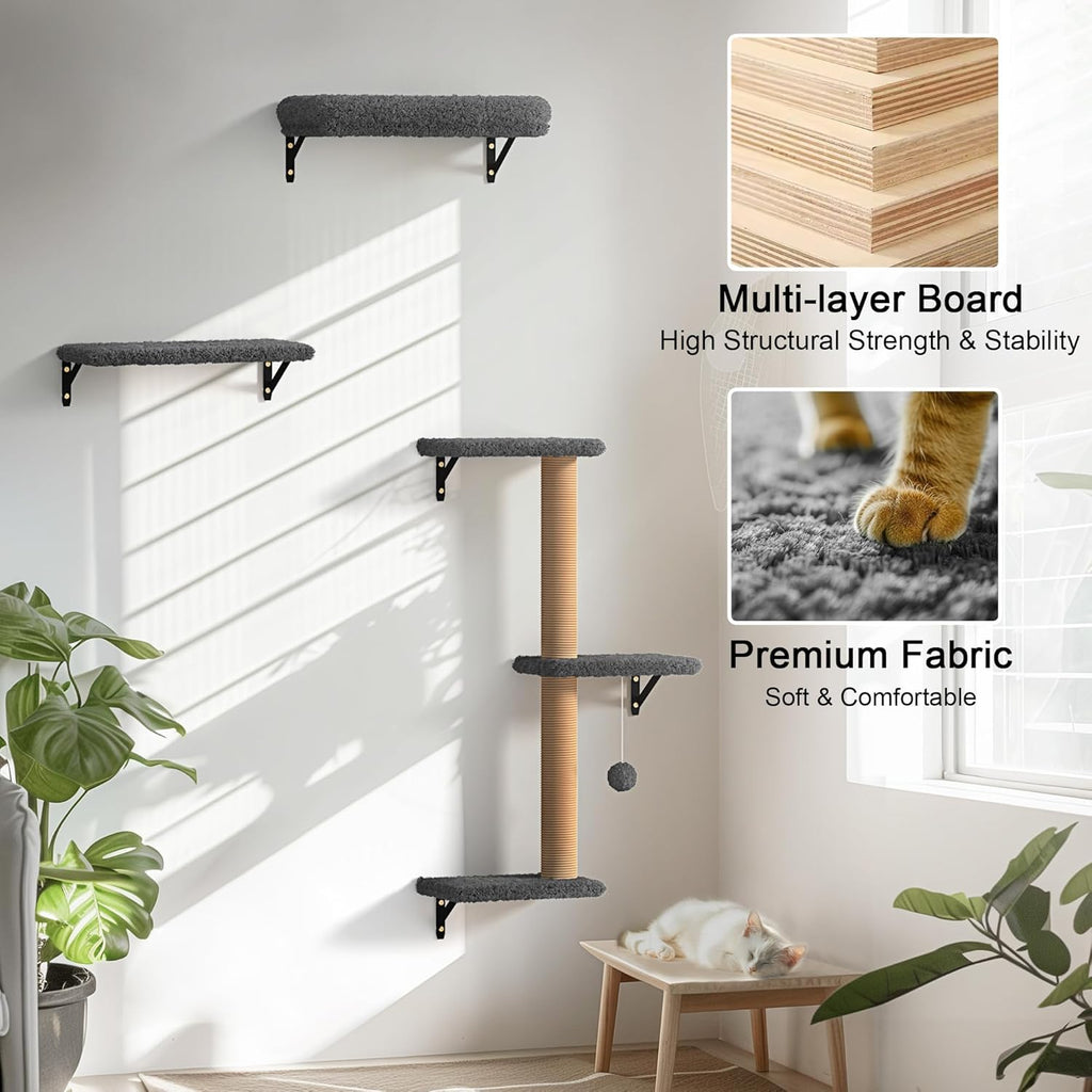FUKUMARU Cat Wall Shelves, Stable & Safe 4 in 1 Cat Furniture Set, Wooden Climbing Wall with Scratching Post for 16 Inch Drywall - Gray