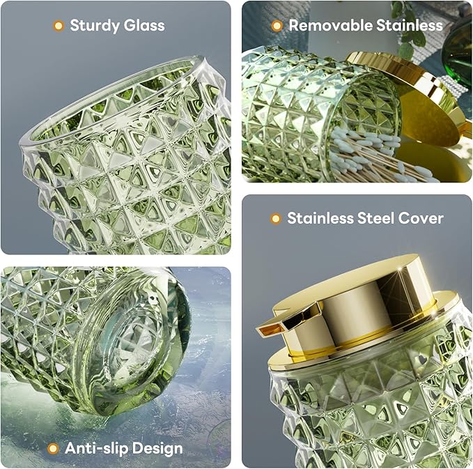 Bathroom Accessory Set with Plastic Wicker Basket,Glass Bathroom Accessories Set Green Bathroom Sets Bathroom Set, Diamond Soap Dispenser and Toothbrush Holder Set for Bathroom Decor