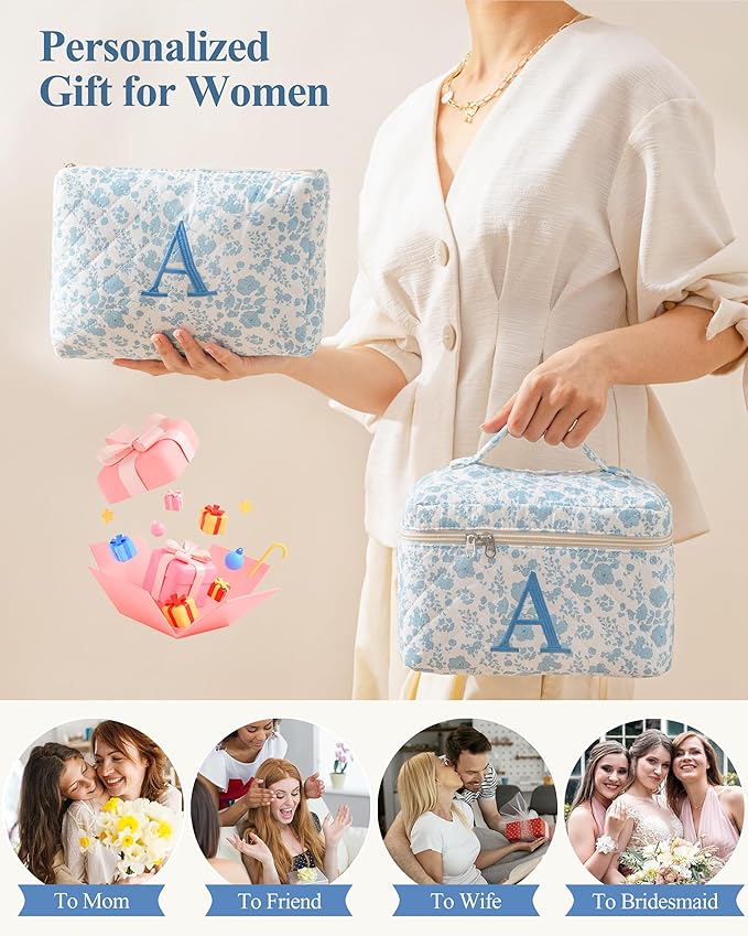 HBselect 2Pcs Initial Makeup Bag, Quilted Makeup Bag, Cotton Large Travel Makeup Bag, Cute Floral Coquette Make up Bag Cosmetic Bag Toiletry Bag for Women Girls G