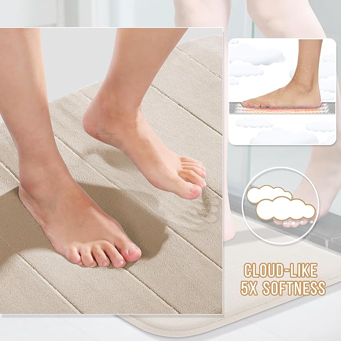 Yimobra U-Shaped Toilet Bath Mat Set 2 Piece - Super Soft Absorbent Quick Dry Memory Foam Bathroom Rugs, Machine Washable Non Slip Floor Carpet for Tub Shower & Single Sink (17x24 & 24x20, Beige)