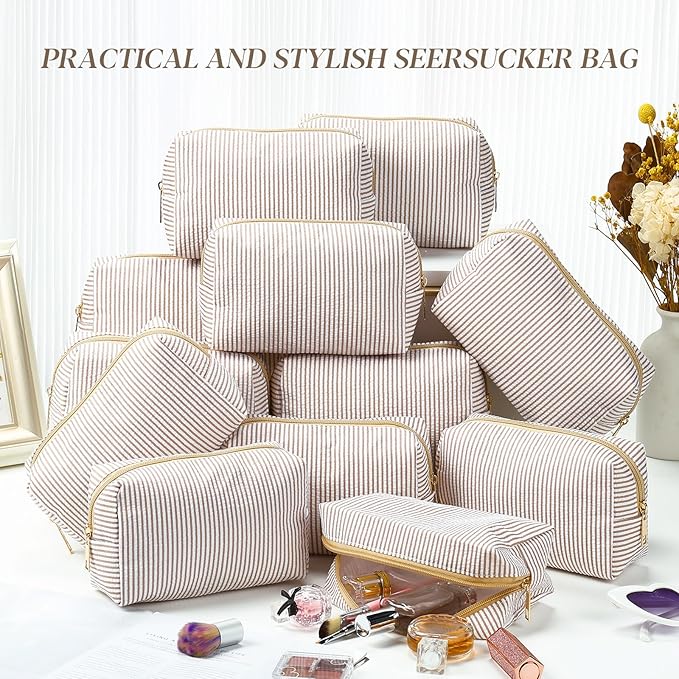 Sanwuta 12 Pcs Seersucker Cosmetic Bags Bulk Seersucker Makeup Bags Stripe Women Pouch Large Preppy Storage Pouch Toiletry Travel Organizer for Wedding Bridesmaid Bride Favor Mom Gift (Khaki)