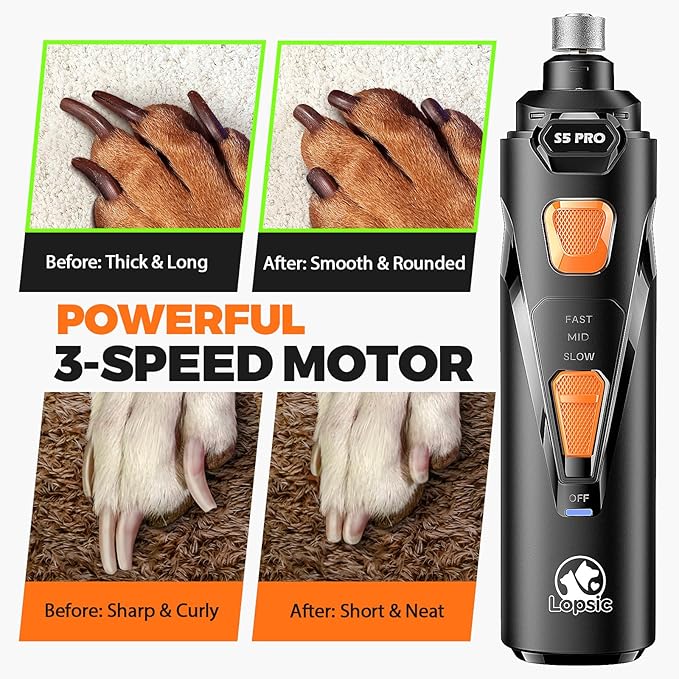 Whisper Quiet Dog Nail Grinder with LED Light, Safe & Stress-Free for Sensitive Dogs of All Breeds & Sizes, 3 Grinding Bits, 3-Speed, Pet Nail Trimmers, Rechargeable Painless Grooming Kit