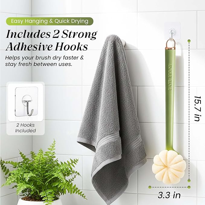 Back Scrubber for Shower with Long Handle (15.7”) – Dual-Sided Bath Brush with Loofah Sponge, Replaceable Heads, Easy Reach for Back & Body, Includes 2 Wall Hooks