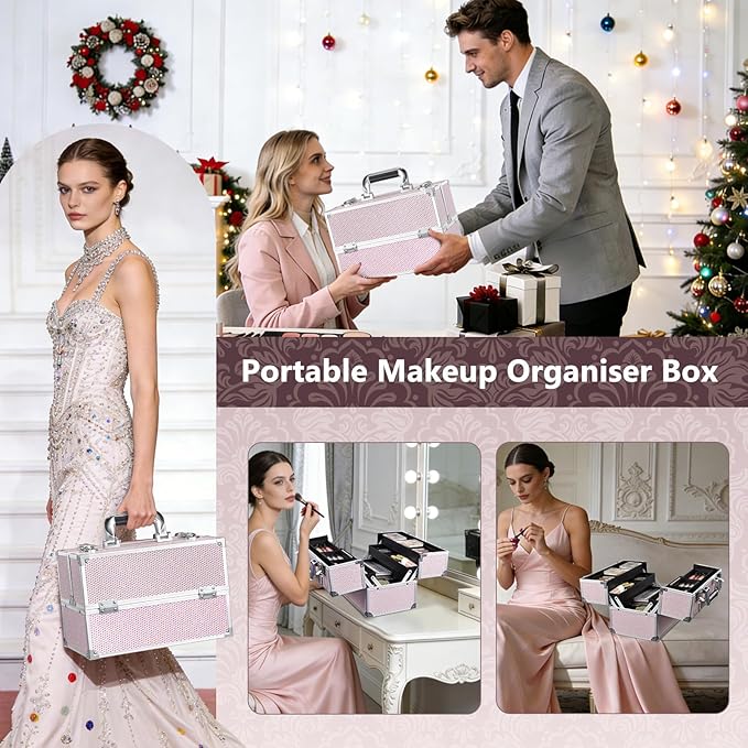 Stagiant 12.6 Inch Large Makeup Train Case, Professional 4 Trays Cosmetic Cases Makeup Storage Organizer Box Beauty Make Up Box with Lock&Adjustable Compartments for Nail, Accessories, Skincare, Pink