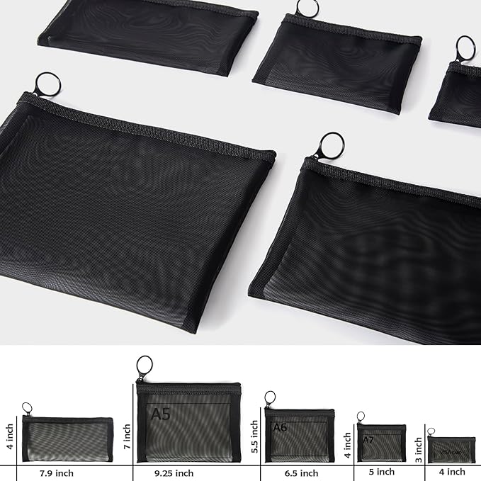 Patu Zipper Mesh Bags, Pack of 5 (XS/S/M/L & Long Pouch), Beauty Makeup Cosmetic Accessories Organizer, Travel Toiletry Kit Set Storage Case, Black