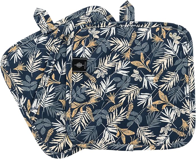 Pot Holders for Kitchen Heat Resistant Hot Pads for Countertops Oven Pot Holders Cotton Potholders for Kitchen Cooking Baking (Blue Leaves)