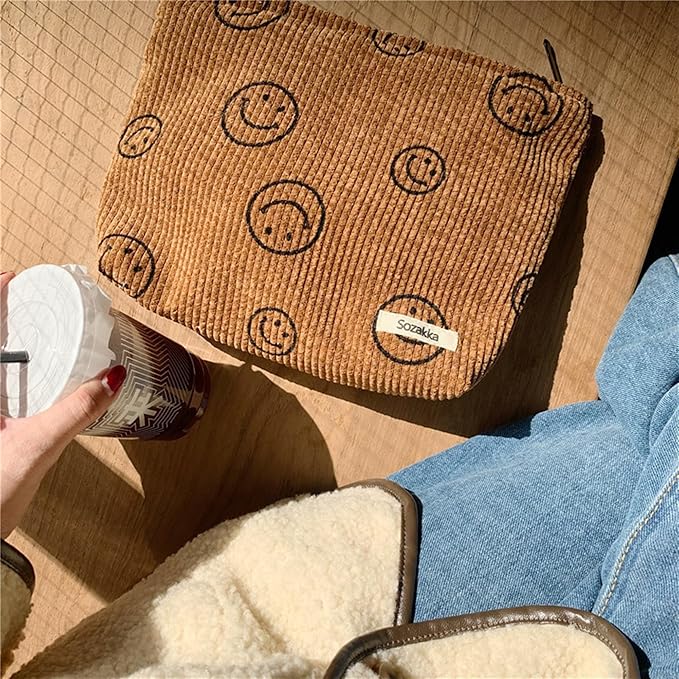 Cosmetic Bags for Women - Corduroy Cosmetic Bag Aesthetic Women Handbags Purses Smile Dots Makeup Organizer Storage Makeup Bag Girls Case Bags (A-Brown)