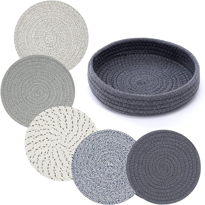 Coga Trivets for Dishes, Pots and Pans, 7 Inch Hot Pads - 5 Pcs with Storage Basket for Countertops, Pot Holders for Kitchen, Cotton Table Protector Hot Mats Heat Resistant (Mix)