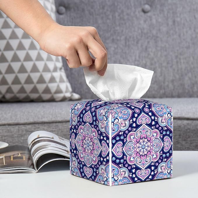 Boho Mandala Flower Tissue Box Cover Square,Indian Paisley Floral Tissue Box Holder Waterproof Leather Facial Paper Organizer Dispenser for Bathroom Home Car Nightstand Vanity Desk
