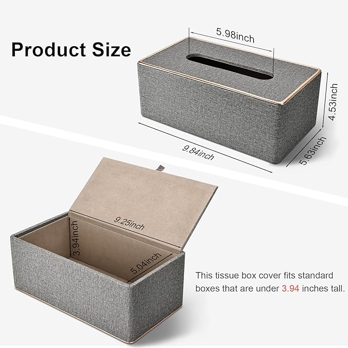 Tissue Box Cover Rectangular, PU Leather Tissue Box Holder for Kleenex, Napkin,Tissue Box Covers Rectangle for Bathroom Car Home Office Decorative 9.84"X5.63"X4.53" Grey