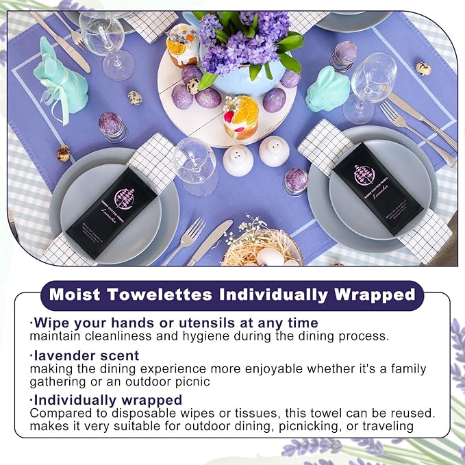 Moist Cotton Towel Bulk Moist Towelettes Individually Wrapped,White Towel Services,Refreshment Pre Moistened Towels for Dentist Travel Sport Party Hotel （Lavender,50)