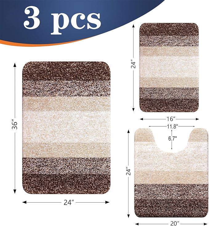 OLANLY Bathroom Rugs Sets 3 Piece, Soft Absorbent Microfiber Bath Mats and U-Shaped Contour Toilet Rug, Plush Shaggy Bath Mat Set for Bathroom (36"x24"+24"x16"+24"x20", Brown)