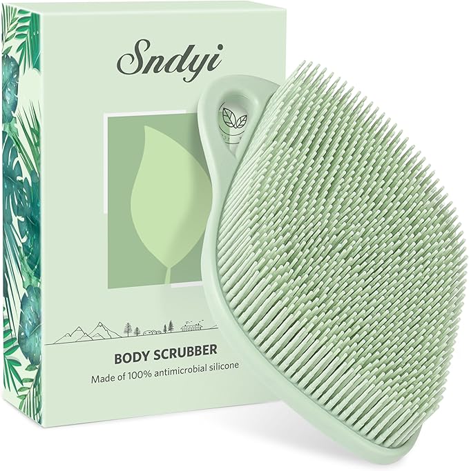 Sndyi Silicone Body Scrubber, Gentle Exfoliating Body Scrubber for Sensitive Skin, Leaf Shaped Shower Scrubber for Body with Lathering Bristles, Silicone Loofah Body Brush for Showering, Green
