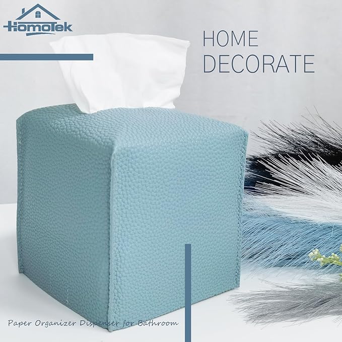 HOMOTEK 2 Pack Tissue Box Cover, Square PU Leather Tissue Holder, Decorative Facial Tissue Cube Paper Organizer Dispenser for Bathroom, Night Stands, Desk, Car 5X5X5'' - Aqua Blue, Pebble Grain