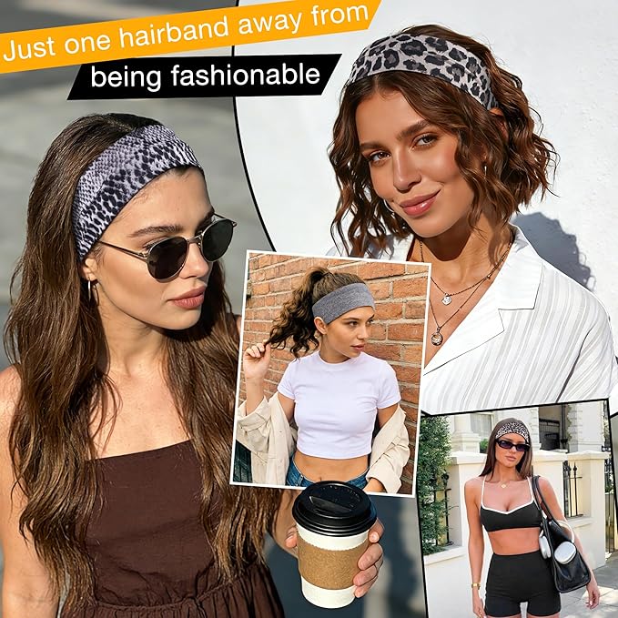 8 Pack Headbands for Women Non Slip - Stylish Sports Hair Bands for Women's Hair - Soft Cotton Cloth Stretchy Headbands for Women for Yoga, Outdoor Exercise Running