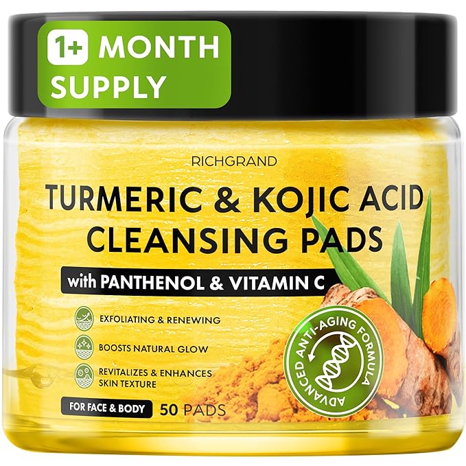 Turmeric Kojic Acid Cleansing Pads for Face - Exfoliating Sponges with Vitamin C & Lemon - Foaming Facial Wash for Glowing Skin & Uneven Tone Support - Gentle Daily Scrub
