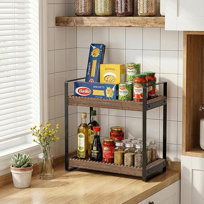 2 Tier Bathroom Organizers and Storage, Farmhouse Countertop Organizer for Bathroom Storage, Makeup Organizer for Decor, Wood Shelf for Skincare Kitchen Coffee Bar, Vanity Accessories (Dark Brown)