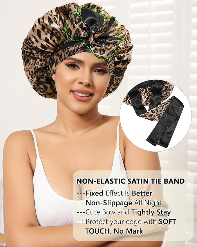 Satin Bonnet Silk Hair Wrap for Sleeping - Reversible Night Cap with Tie Band (Leopard + Black)