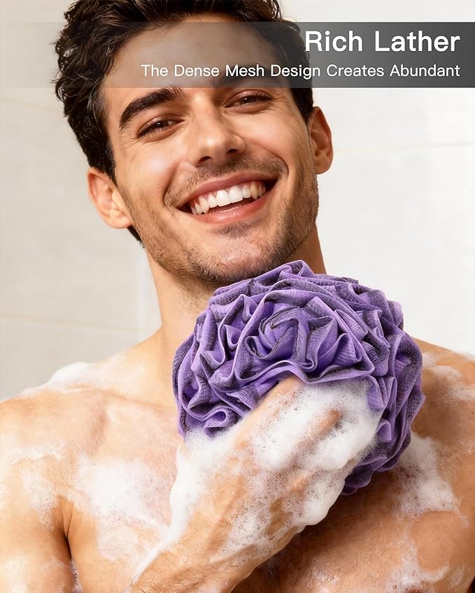 Loofah Sponge 70g, 6.3 Inch Large Exfoliating Bath Sponge, Soft Durable PE Mesh with Reinforced Knotting, Rich Lather Bath Scrubber for Body, for Travel or as a Holiday Gift (4Pack, Purple, Green)