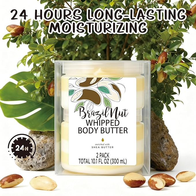 Brazil Nut Whipped Body Butter, Shea Body Butter for Women Dry Skin, Natural Brazil Nut Lotion for Body Moisturizer-Deep Moisturizing and Softening-3.4 floz+6.8 floz(100ml+200ml)