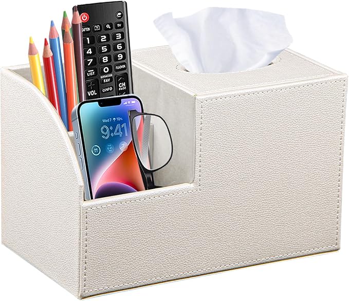 PU Leather Square Tissue Box Cover - Multi-Functional Tissue Box Holder, Tissue Box Cover with Storage,Tissue and Remote Control Holder, Cube Tissue Box Organizer Bedroom Nightstand End Table