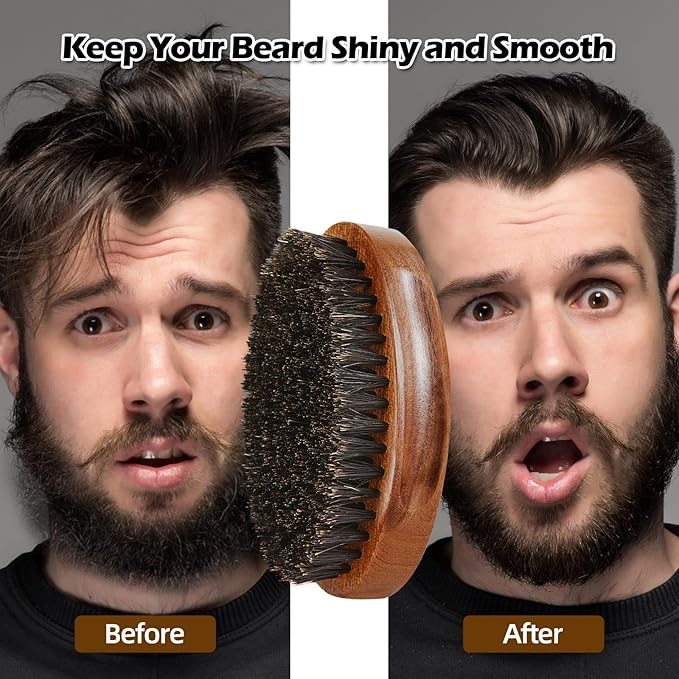 Walnut Wood Grooming Set for Men: Boar Bristle Brush, Beard Comb, Mustache Scissors, and Travel Bag