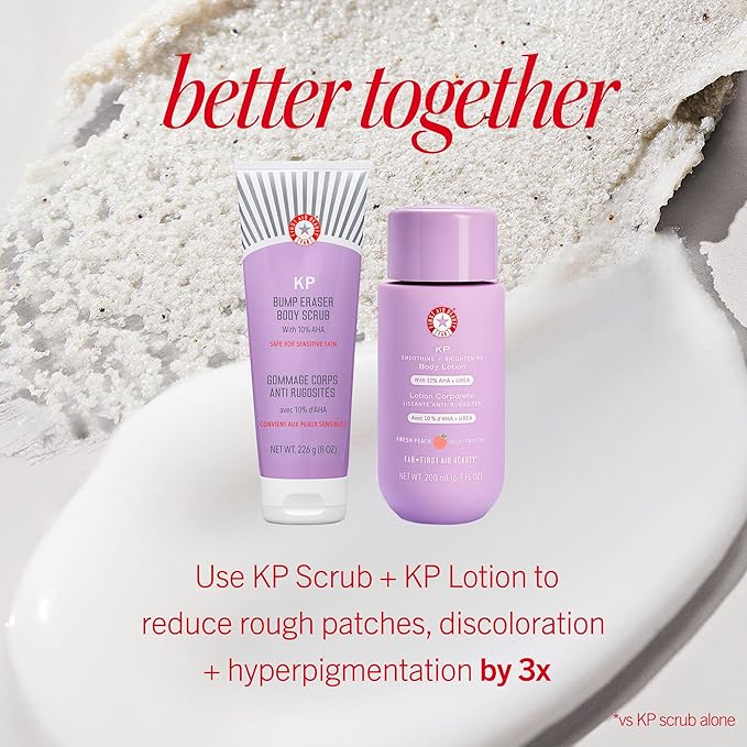 First Aid Beauty - KP Bump Eraser Body Scrub with 10% AHA, Keratosis Pilaris Skin Exfoliater with Glycolic and Lactic acids, Helps Reduce Chicken Skin Bumps, Safe for Sensitive Skin, 8 oz + Bonus, 2ct