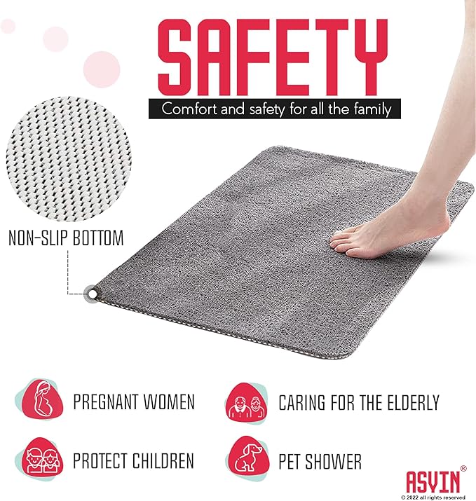 Asvin Soft Textured Bath, Shower, Tub Mat, 24x16 Inch Rectangular, Phthalate Free, Non Slip Comfort Bathtub Mats with Drain, PVC Loofah Bathroom Mat for Wet Areas, Quick Drying, Grey