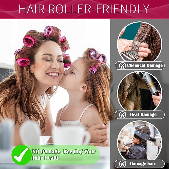 Hair Rollers, 12 Pack Self Grip Salon Hairdressing Curlers, DIY Curly Hairstyle, Large Rollers 1.57In Rose Red