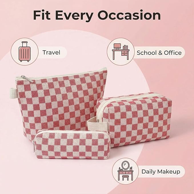 3 Pcs Canvas Makeup Bag Set Checkered Cosmetic Pouch for Women Travel Toiletry Bag Cute Makeup Organizer Purse Pouch Preppy Pencil Case with Zipper (Checkered Red)