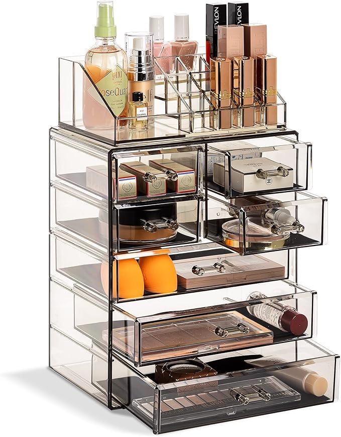 Sorbus Acrylic Makeup Organizer Set, 7-Drawer Vanity & Countertop Cosmetic Storage with Small & Wide Compartments, Black-Tint Makeup Storage for Brushes, Jewelry – Holiday Gift for Women & Teens