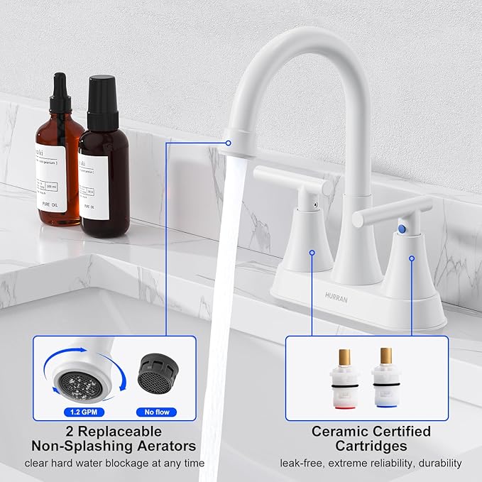Bathroom Faucets for Sink 3 Hole, Hurran 4 inch Bathroom Sink Faucet with Pop-up Drain and Supply Hoses, Stainless Steel Lead-Free Centerset Faucets for Sink Vanity RV, White
