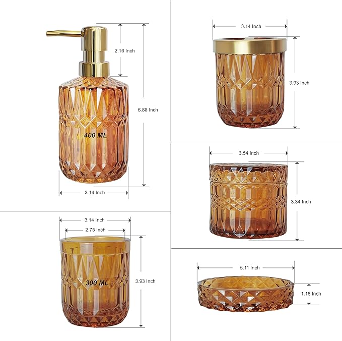 Amber Bathroom Accessories Set, 5Pcs Clear Glass Bathroom Sets, Hand Soap Dispenser, Soap Dish, Toothbrush Holder Set, Qtips Holder for Crystal Vintage Bath Decor, Set