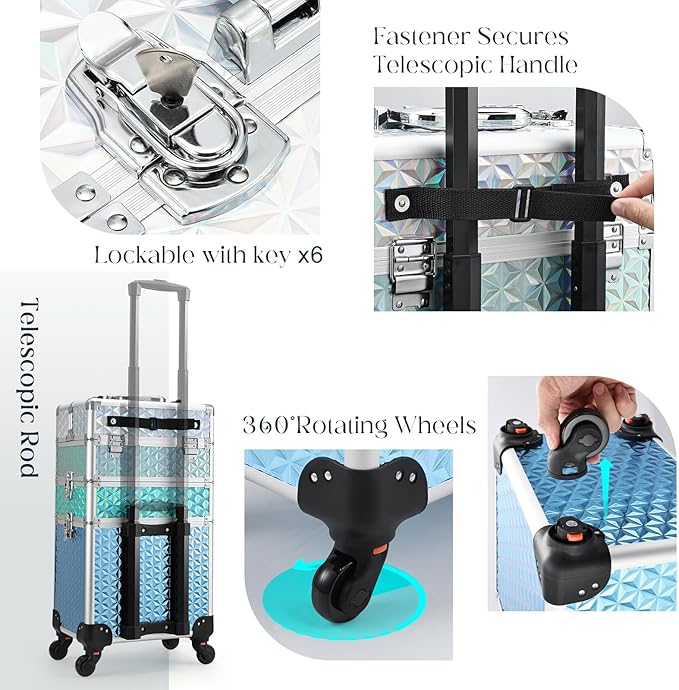 Adazzo Professional Rolling Makeup Train Case 3 in 1 Aluminum Trolley Case with 360° Rotation Wheels for Makuep Artist Cosmetic Suitcase Organizer with Lock and Key Diamond Pattern - Turquoise Cascade