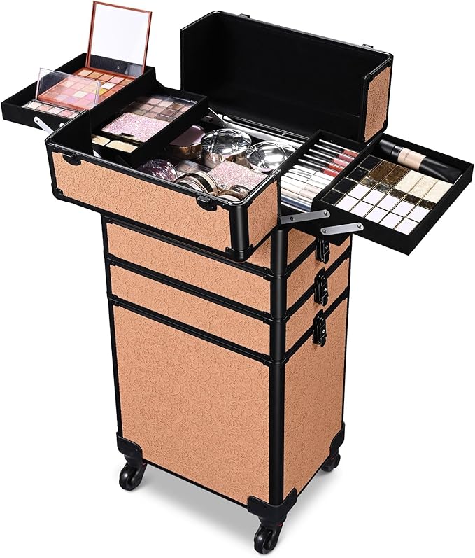 BYOOTIQUE Cosmetology Rolling Case 3-Piece Nail Tech Storage Cart Kit Makeup Torrley Travel Barber Suitcase False Eyelash Storage for Beauty Studio Nail Salon Manicurist,Rococo Coral