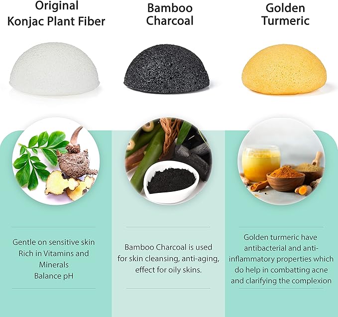 pureSOL Konjac Sponges - Activated Charcoal - Facial Sponge, 100% Natural Sponges, Eco-Friendly - Great for Acne, Exfoliating