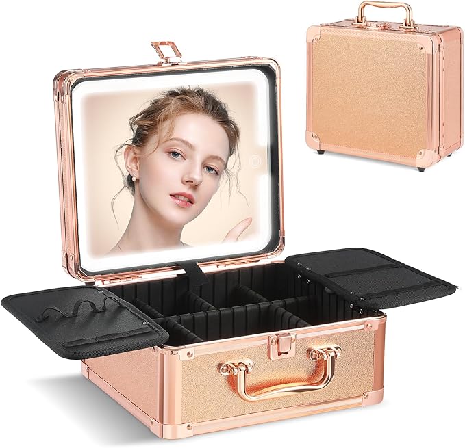 Leeora&Leekoo Makeup Box with Lighted Mirror,Portable Makeup Train Case Organizer (Gold)