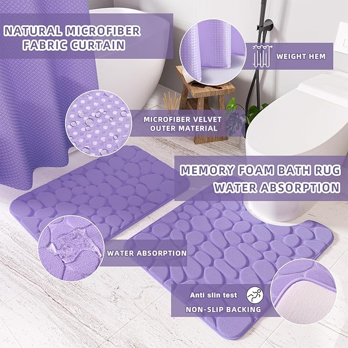 Bathroom Accessories Set - 25PC Bathroom Sets with Shower Curtain and Rugs, Purple Bathroom Set with Trash Can, Soap Dispenser, Soap Dish & Toilet Brush