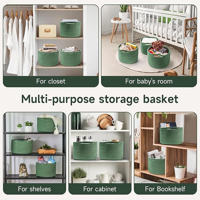 Small Rope Baskets for Storage, Baskets for Gifts Empty, Cute Round Woven Basket, Decorative Shelf Baskets 9.82×9.82×7.1", Cotton Toy Basket Storage Bins for Organizer 3 Packs Green