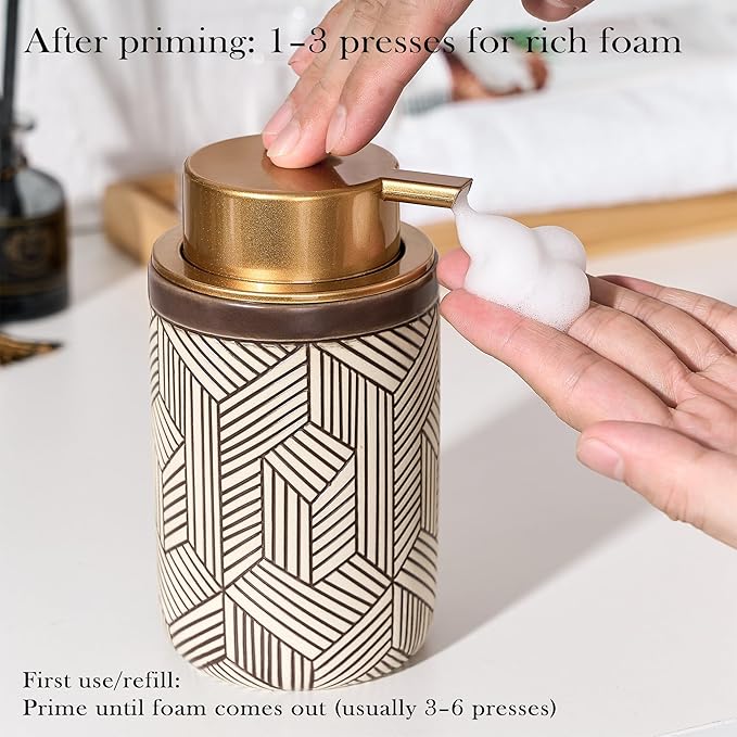 Brown Foaming Soap Dispenser,Ceramic Foam Soap Dispenser for Bathroom&Kitchen,12oz Foam Dispenser with Plastic Gold Pump(Unique&Modern)