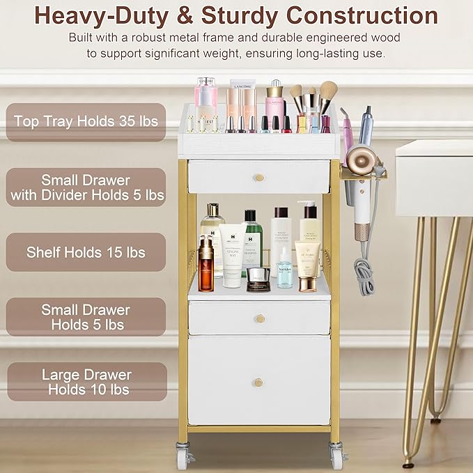 Makeup Organizer Cart with Adjustable Dividers, 3-Drawer Cosmetic Storage Cart with Lockable Wheels & Detachable Hair Tool Holder, Mobile Vanity Organizer for Small Spaces, Gold & White