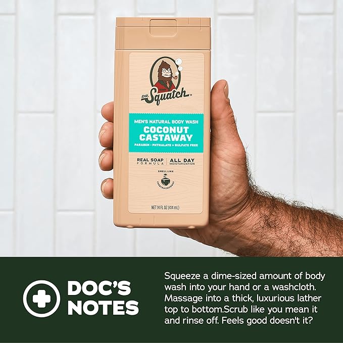 Dr. Squatch Natural Men's Body Wash Shower Gel - Cleansing, Nourishing, Long Lasting Scent, Moisturizing Body Wash for Men - Coconut Castaway + Wood Barrel Bourbon (14 oz, 2-Pack)