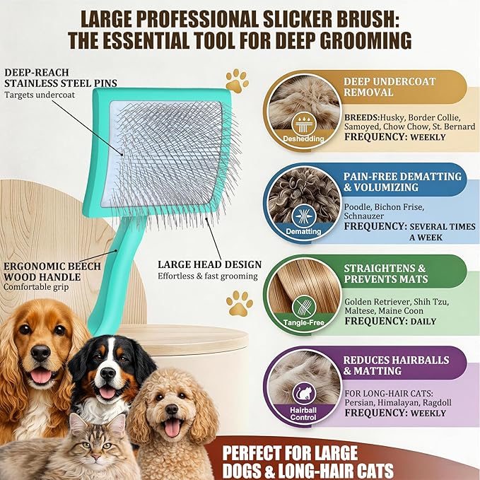 Slicker Brush for Dogs, Large Dog Brush to Long Haired Dogs for Poodles Doodles Goldendoodles Bernedoodles, Long Pin Grooming Kits to Dematting & Reducing Tangles and Fluff, Green
