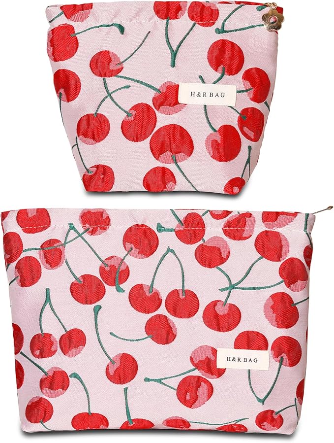 2 PCS Makeup Bag Small Cute Makeup Pouch Floral Cosmetic Bag for Women，Soft Toiletry Bag Pouch for Purse，Embroidery Craft Makeup Bag with Zipper（Cherry）