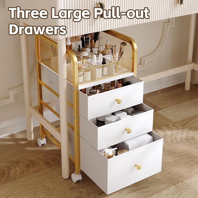 Rolling Makeup Vanity Cart, Makeup Organizer with Drawers, Rolling Makeup Bathroom Storage Cart, Cosmetic Vanity Display Cases Holder for Nail Polish Brush Hair Tool (Gold)