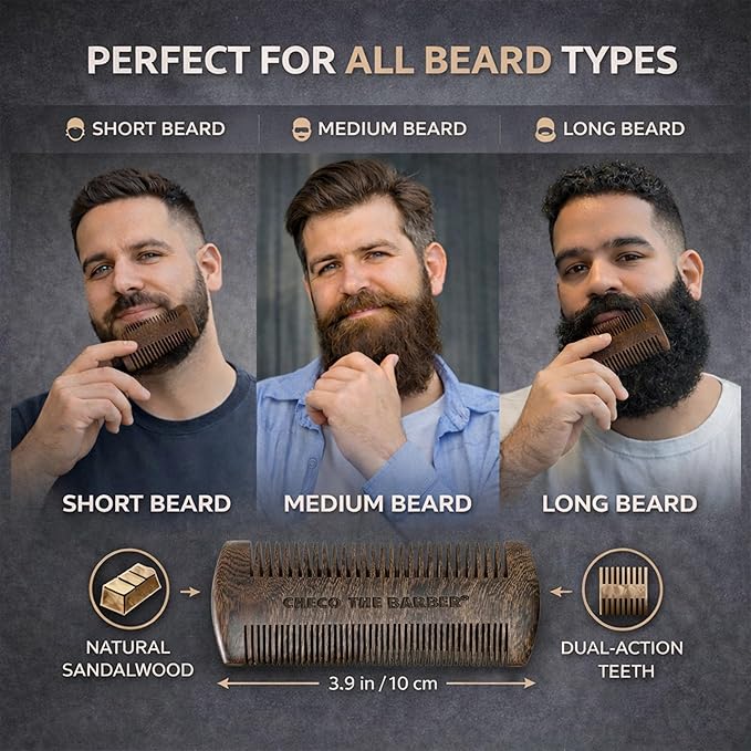 Sandalwood Beard Comb for Men – Pocket-Size Anti-Static Wooden Grooming Comb with Protective Case – For Beard, Mustache & Hair