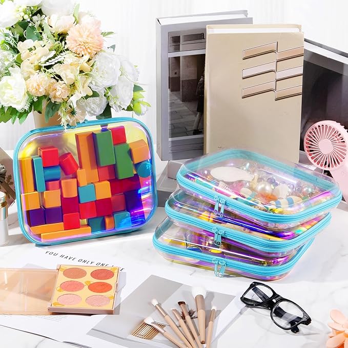 Hoolerry 4 Pcs Hard Clear Zipper Case Makeup Bags Plastic Zipper Pouch Transparent Storage Box Containers for Cosmetics, Snacks, Building Blocks, Puzzles(Clear,9.8 x 7.9 x 2 in,Blue Laser)